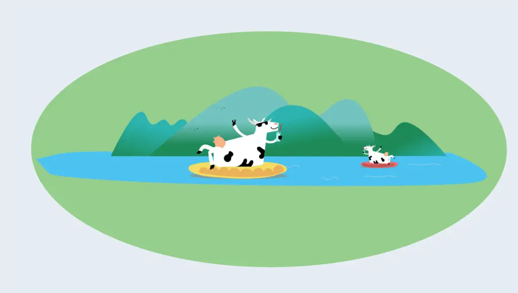 Illustration mit Kühen auf einem See vor grünen Bergen – Walk the Talk
